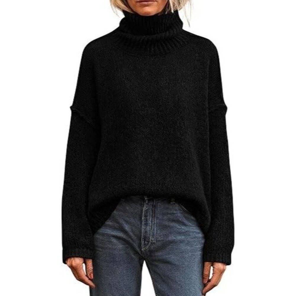 PRETTYGARDEN Women's Turtleneck Sweaters SMALL Black Long Sleeve Oversized Fit